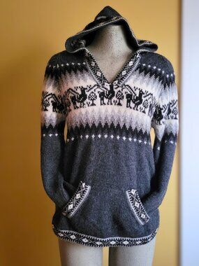 Gray Alpaca Wool Knit Patterned Hoodie Pullover M Peru Cottagecore